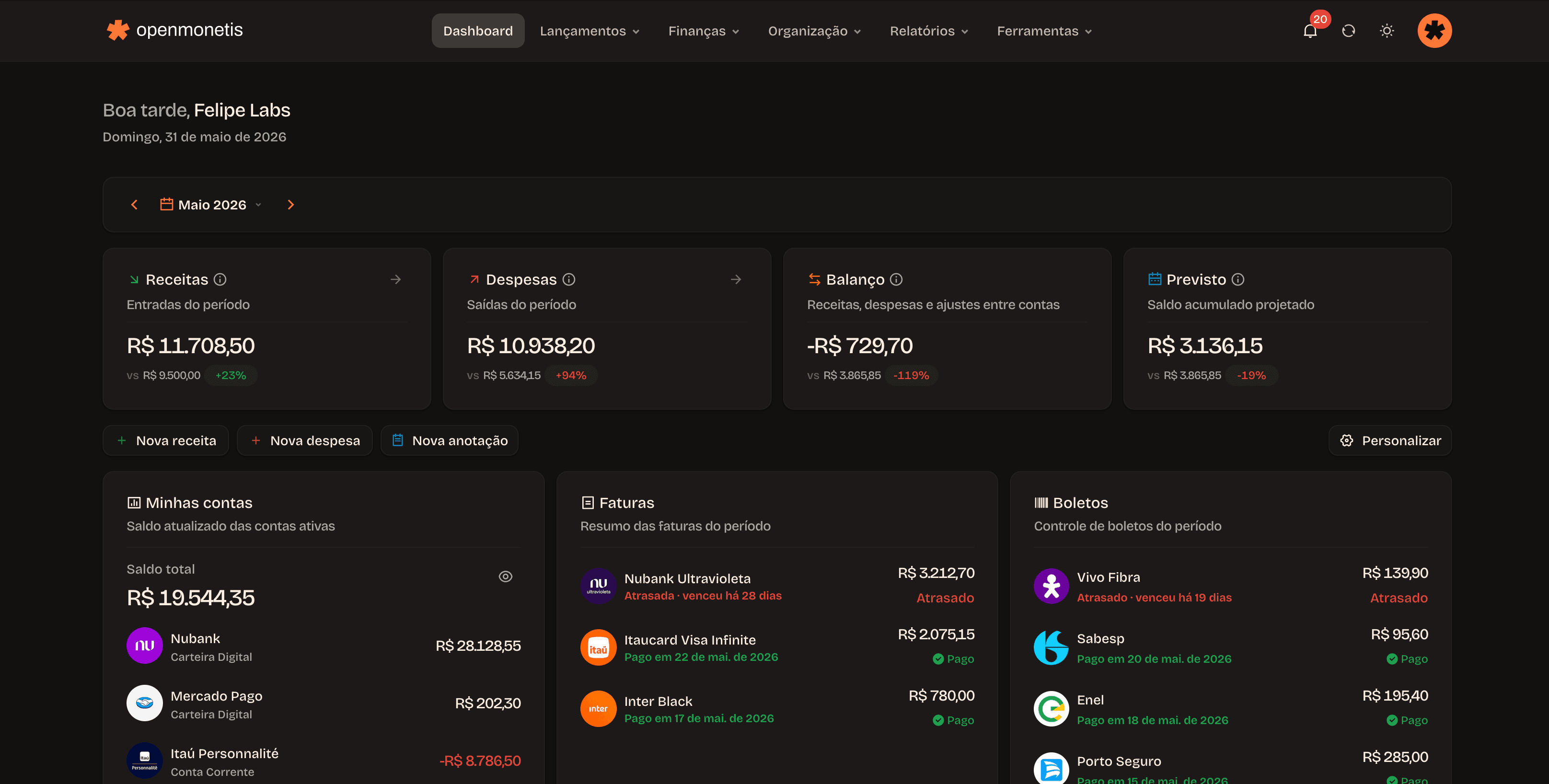 openmonetis Dashboard Preview